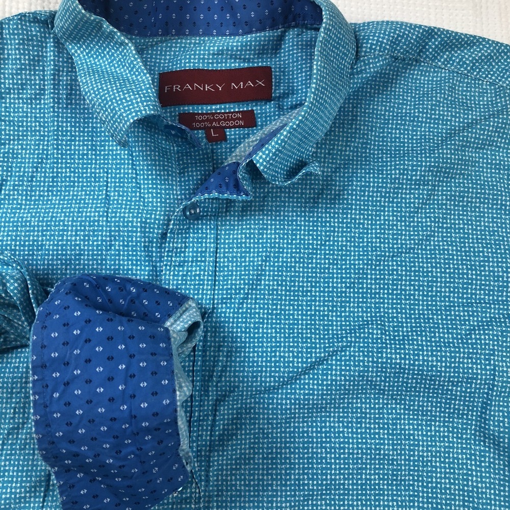 Franky Max Mens Shirt L  Blue Plaid Long Sleeve Button Up Cotton Flip cuff - Picture 2 of 5